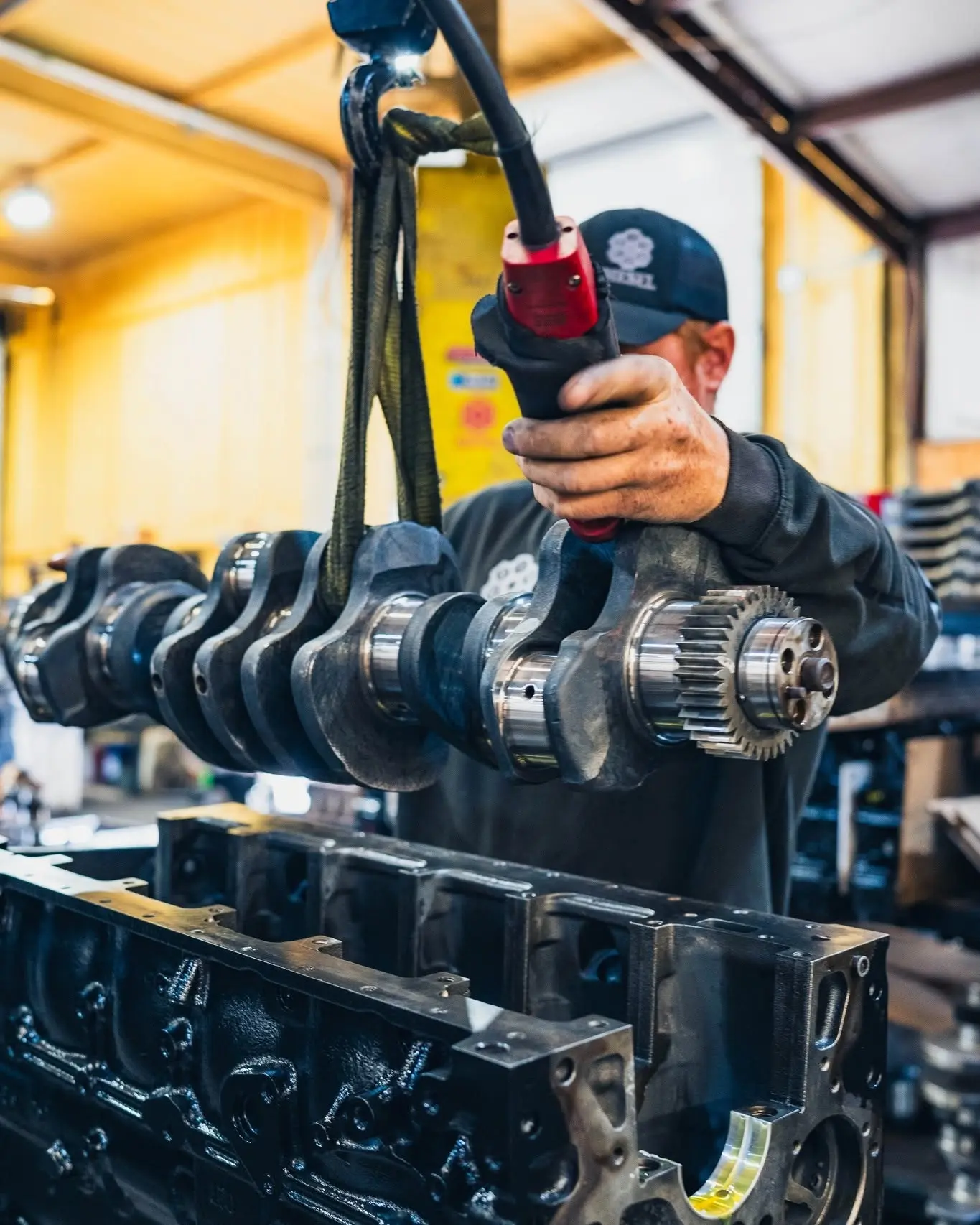 Rotating assembly lowered into a fresh block