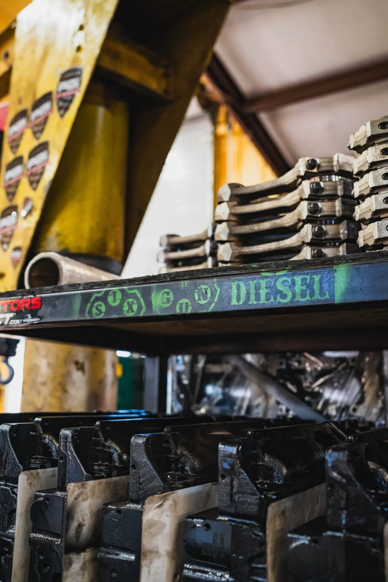Shelving of connecting rods and diesel hard parts in the Six Gun Diesel shop